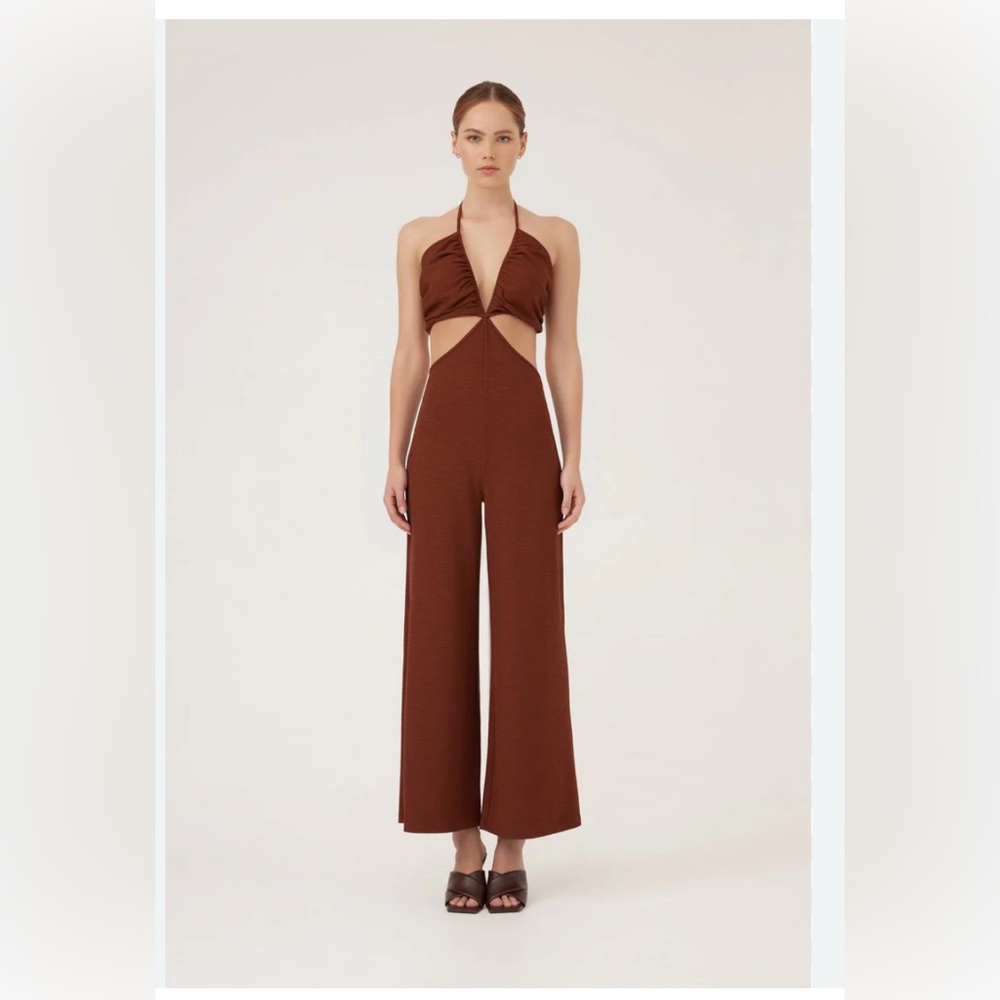 Free People Keepsake Thelma Halter Pantsuit Jumpsuit Chocolate Brown small $240
